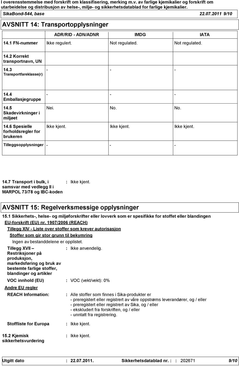 1 Sikkerhets, helse og miljøforskrifter eller lovverk som er spesifikke for stoffet eller blandingen EUforskrift (EU) nr.