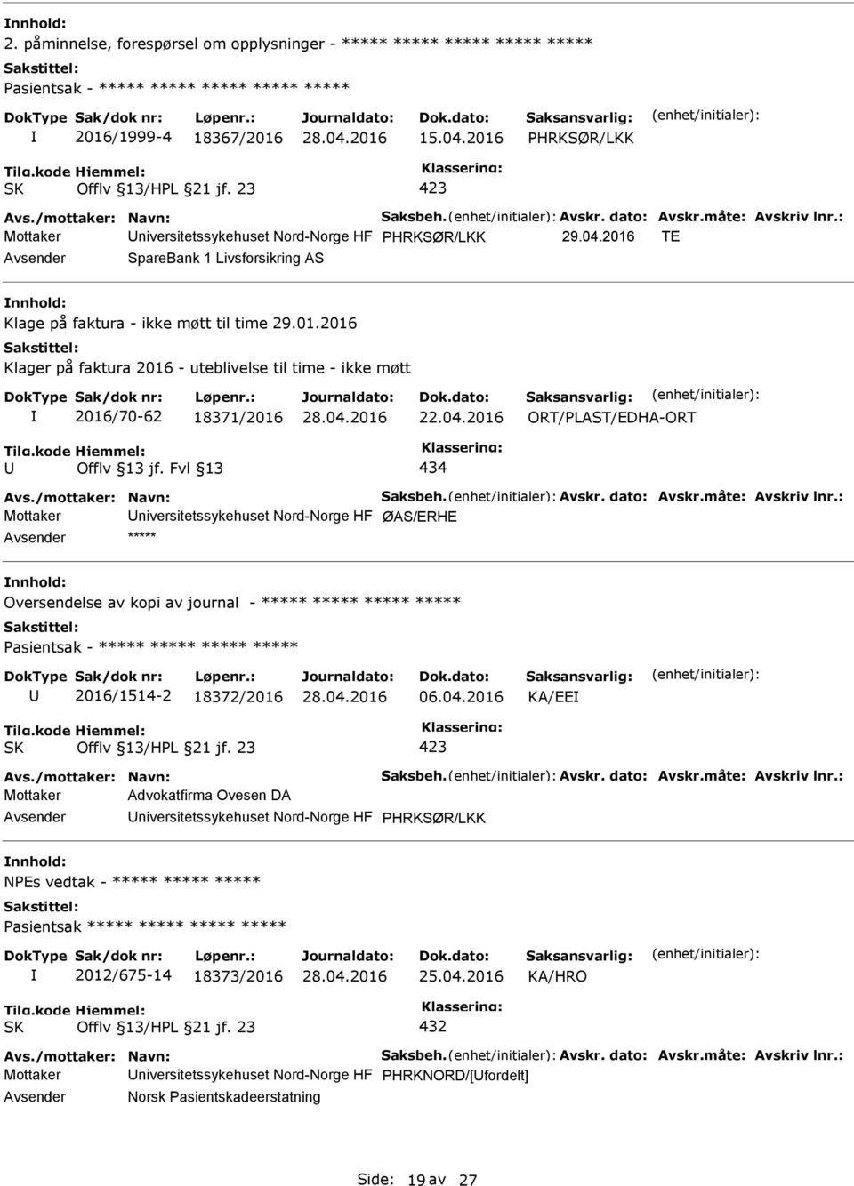 04.2016 ORT/LAST/EDHA-ORT 434 Mottaker niversitetssykehuset Nord-Norge HF ØAS/ERHE ***** Oversendelse av kopi av journal - ***** ***** ***** ***** asientsak - ***** ***** ***** ***** 2016/1514-2