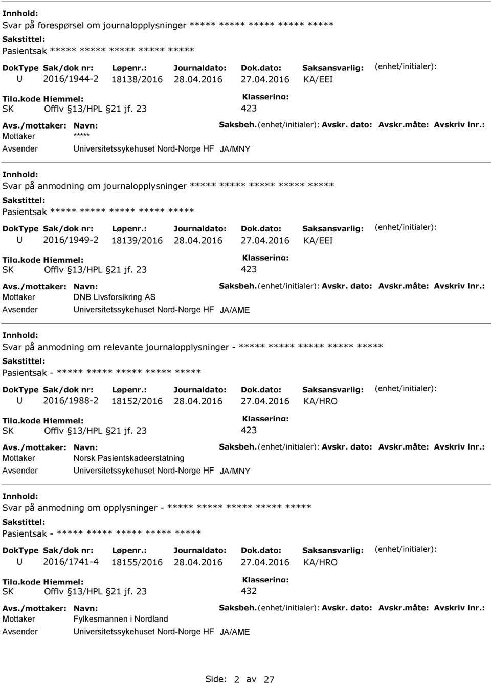 Nord-Norge HF JA/AME Svar på anmodning om relevante journalopplysninger - ***** ***** ***** ***** ***** asientsak - ***** ***** ***** ***** ***** 2016/1988-2 18152/2016 Mottaker Norsk