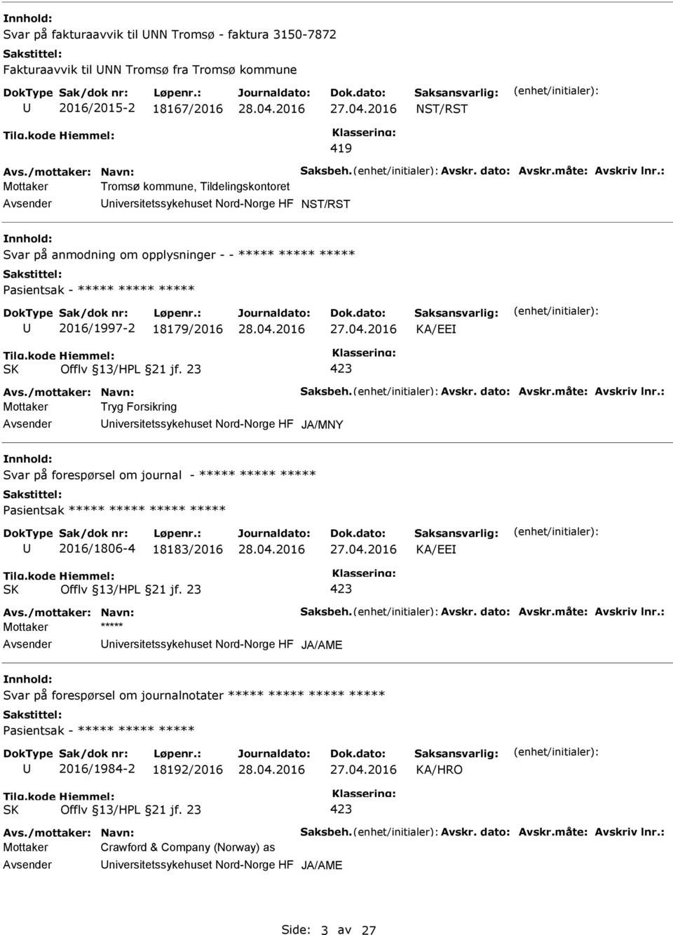 niversitetssykehuset Nord-Norge HF JA/MNY Svar på forespørsel om journal - ***** ***** ***** asientsak ***** ***** ***** ***** 2016/1806-4 18183/2016 KA/EE Mottaker ***** niversitetssykehuset