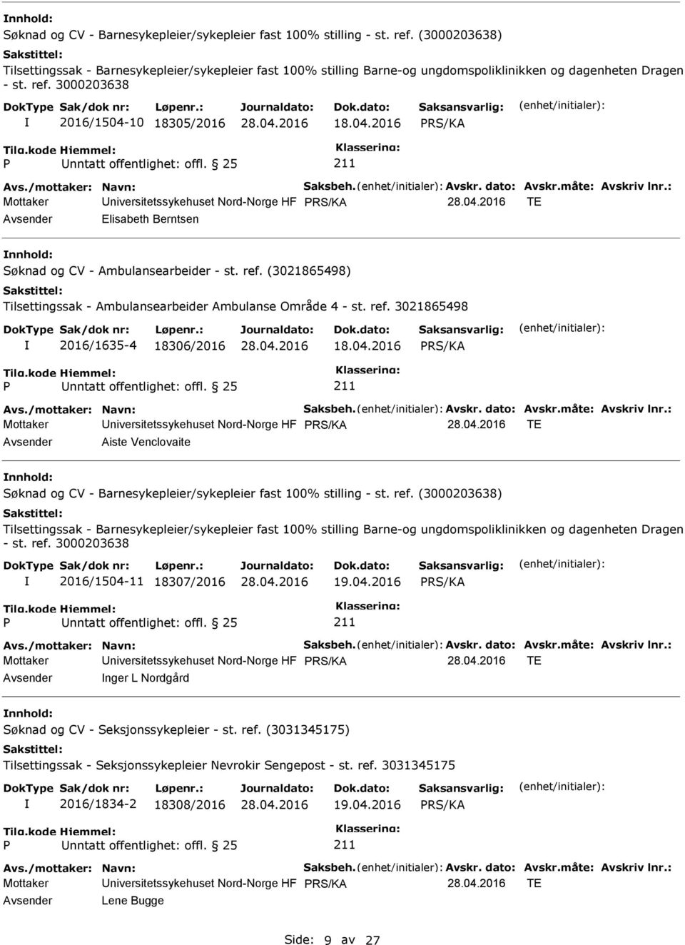 25 Mottaker niversitetssykehuset Nord-Norge HF TE Aiste Venclovaite 2016/1504-11 18307/2016 19.04.2016 nntatt offentlighet: offl.