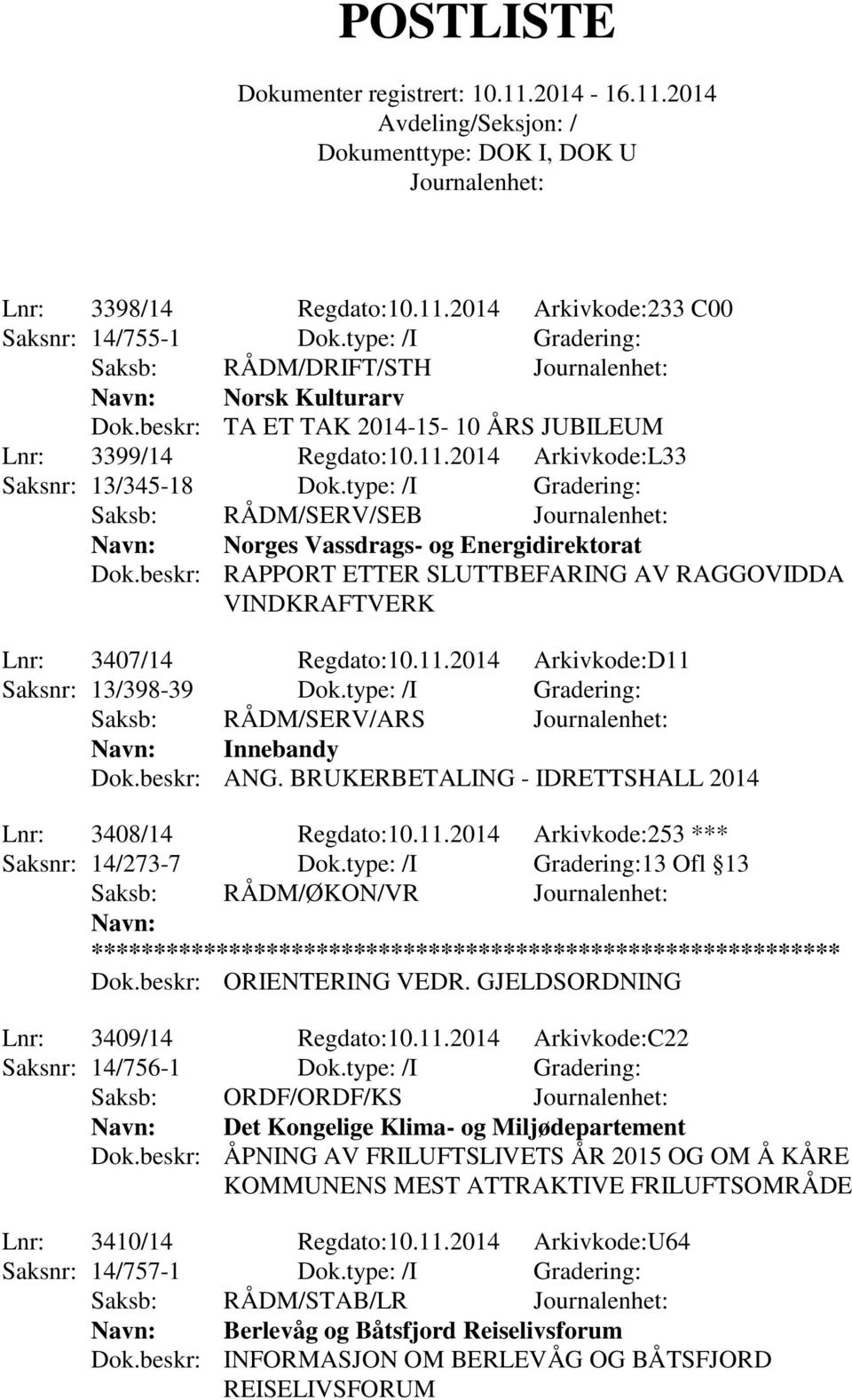 beskr: RAPPORT ETTER SLUTTBEFARING AV RAGGOVIDDA VINDKRAFTVERK Lnr: 3407/14 Regdato:10.11.2014 Arkivkode:D11 Saksnr: 13/398-39 Dok.type: /I Gradering: Saksb: RÅDM/SERV/ARS Navn: Innebandy Dok.