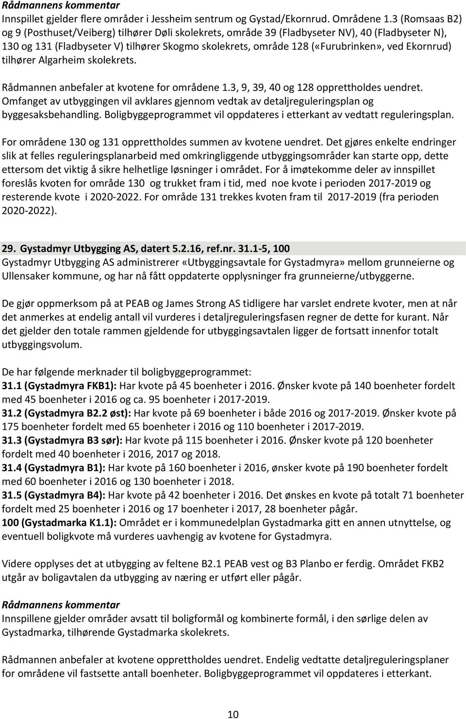 Ekornrud) tilhører Algarheim skolekrets. Rådmannen anbefaler at kvotene for områdene 1.3, 9, 39, 40 og 128 opprettholdes uendret.