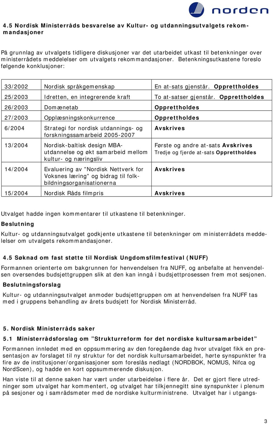 Opprettholdes 25/2003 Idretten, en integrerende kraft To at-satser gjenstår.