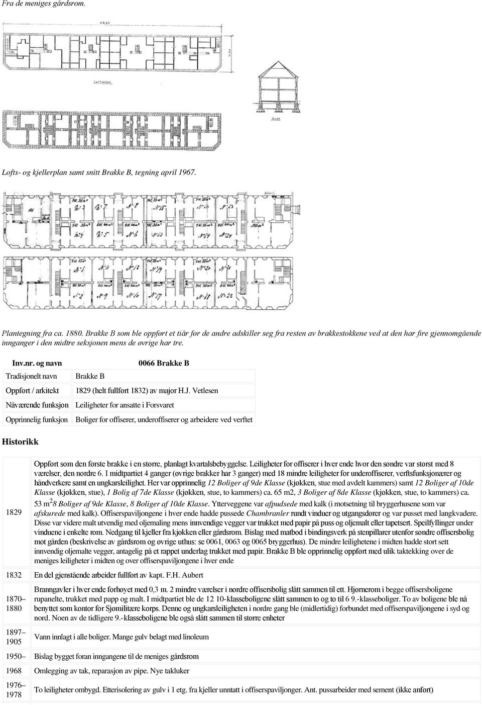 og navn Tradisjonelt navn Oppført / arkitekt Historikk Brakke B 0066 Brakke B 1829 (helt fullført 1832) av major H.J.