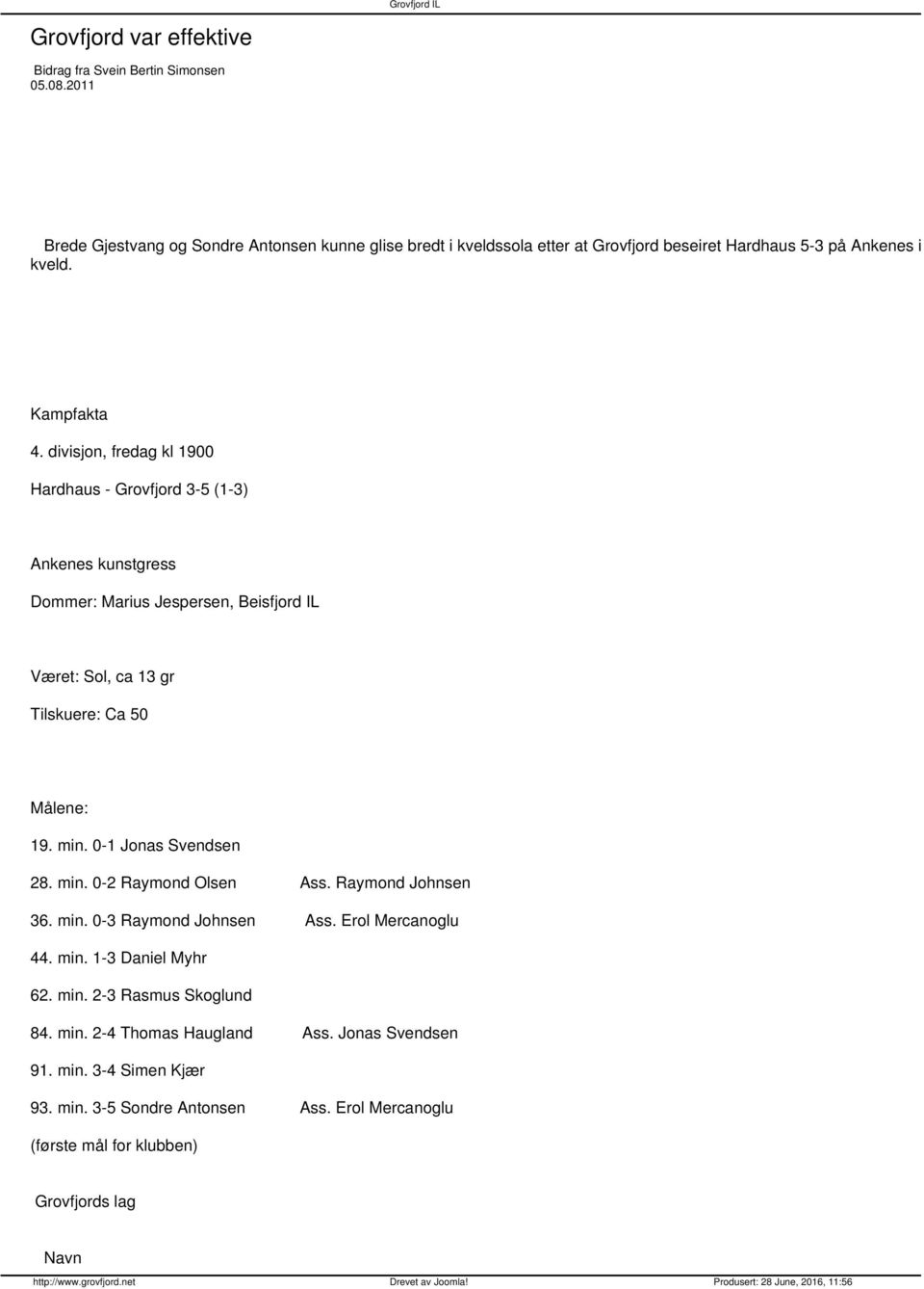 divisjon, fredag kl 1900 Hardhaus - Grovfjord 3-5 (1-3) Ankenes kunstgress Dommer: Marius Jespersen, Beisfjord IL Været: Sol, ca 13 gr Tilskuere: Ca 50 Målene: 19. min.