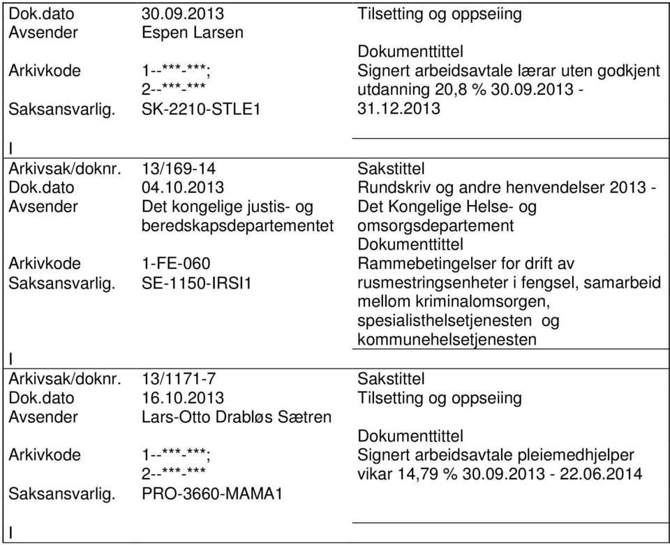 2013 Rundskriv og andre henvendelser 2013 - Avsender Det kongelige justis- og beredskapsdepartementet Det Kongelige Helse- og omsorgsdepartement 1-FE-060 Rammebetingelser for drift av