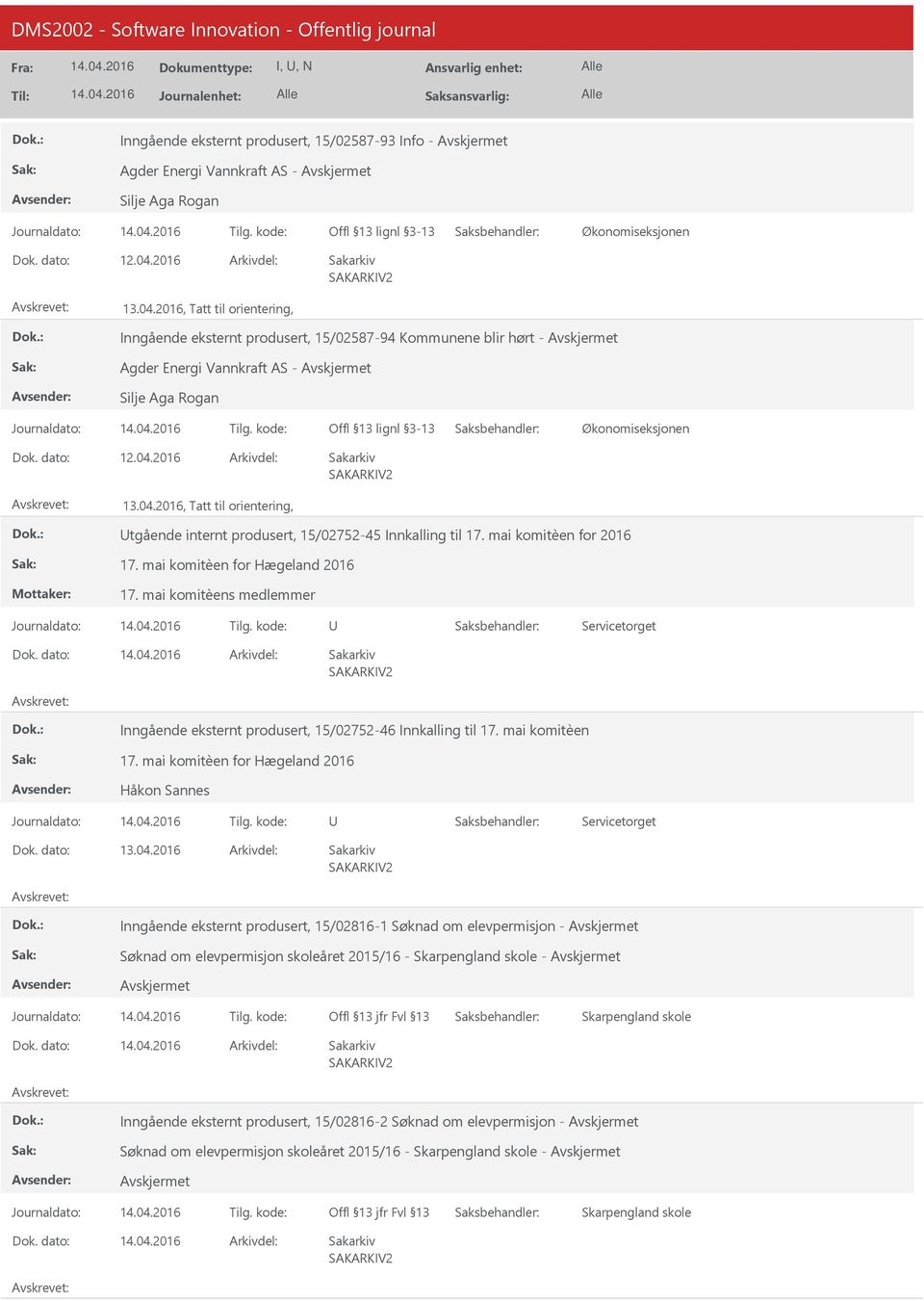 2016, Tatt til orientering, tgående internt produsert, 15/02752-45 Innkalling til 17. mai komitèen for 2016 17. mai komitèen for Hægeland 2016 17.