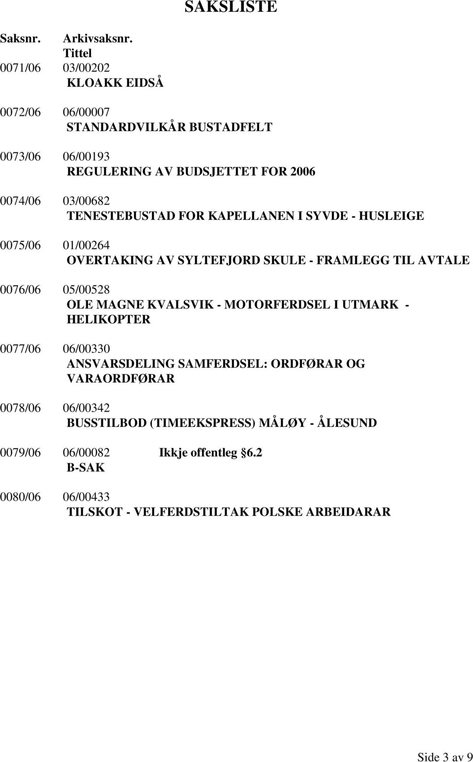 TENESTEBUSTAD FOR KAPELLANEN I SYVDE - HUSLEIGE 0075/06 01/00264 OVERTAKING AV SYLTEFJORD SKULE - FRAMLEGG TIL AVTALE 0076/06 05/00528 OLE MAGNE