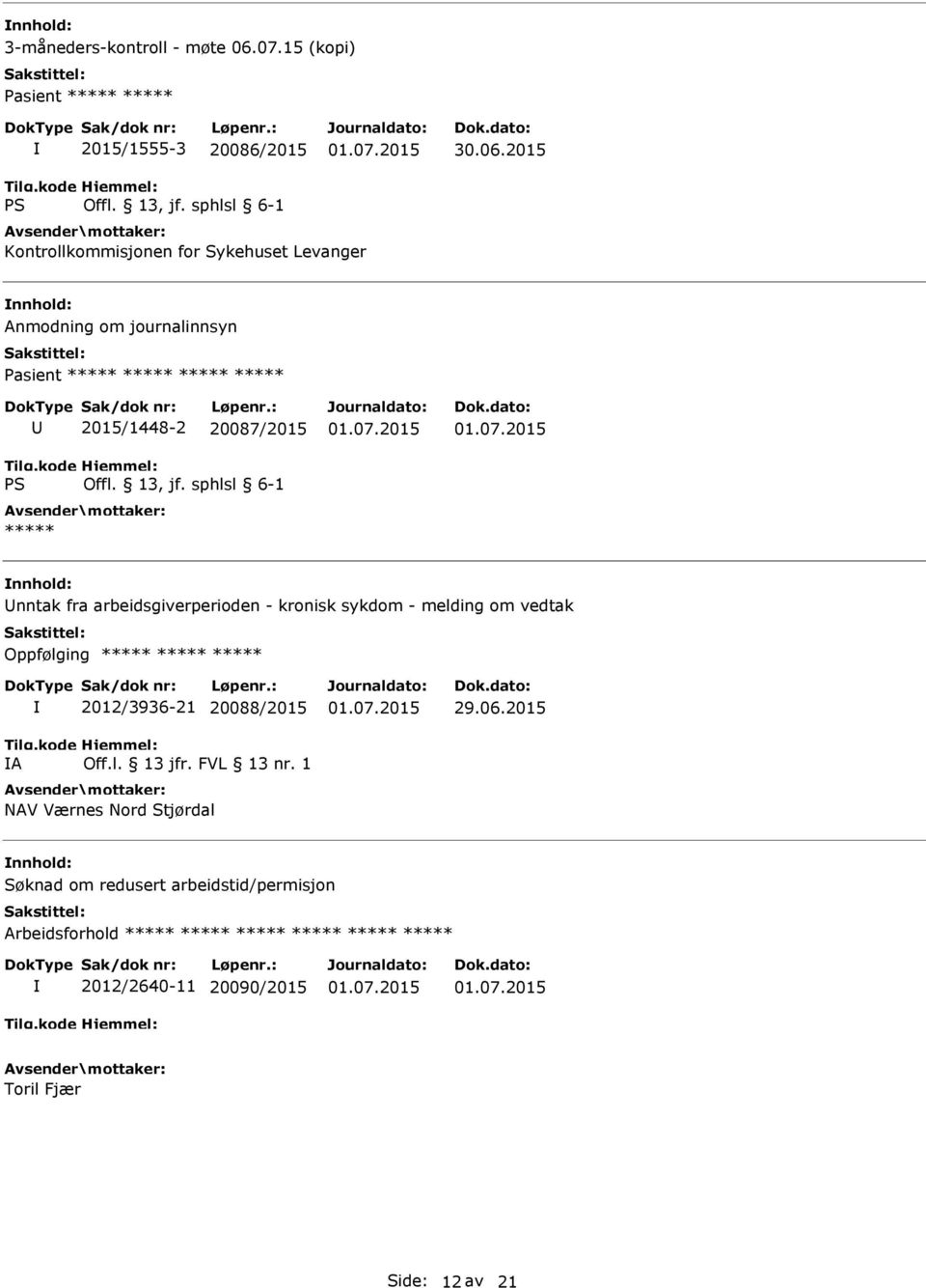 2015 Kontrollkommisjonen for Sykehuset Levanger Anmodning om journalinnsyn Pasient ***** ***** ***** ***** 2015/1448-2