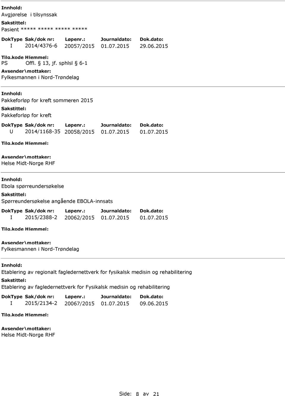 EBOLA-innsats 2015/2388-2 20062/2015 Fylkesmannen i Nord-Trøndelag Etablering av regionalt fagledernettverk for fysikalsk medisin og