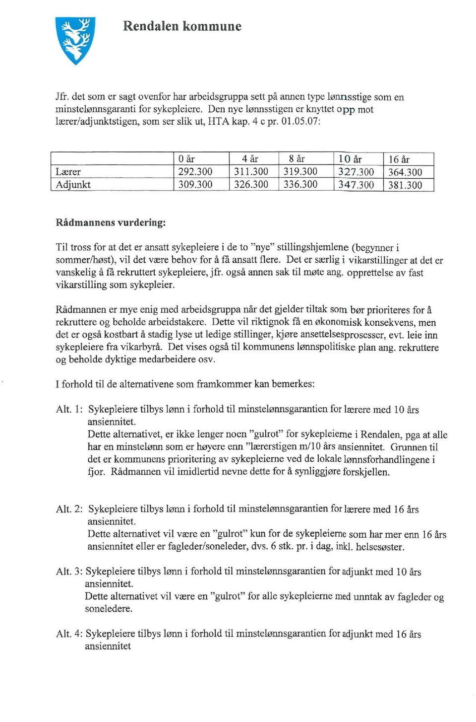 300 336.300 347.300 381.300 Rådmannens vurdering: Til tross for at det er ansatt sykepleiere i de to "nye" stillingshjemlene (begynner i sommer/høst), vil det være behov for å få ansatt flere.