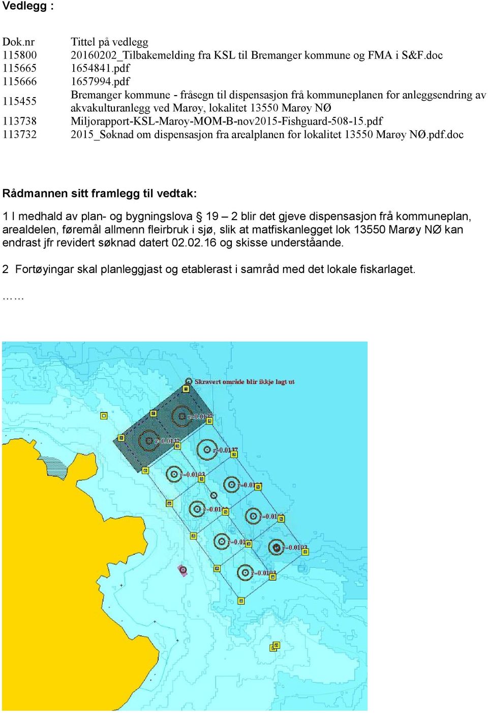 pdf 2015_Søknad om dispensasjon fra arealplanen for lokalitet 13550 Marøy NØ.pdf.doc Rådmannen sitt framlegg til vedtak: 1 I medhald av plan- og bygningslova 19 2 blir det gjeve dispensasjon frå
