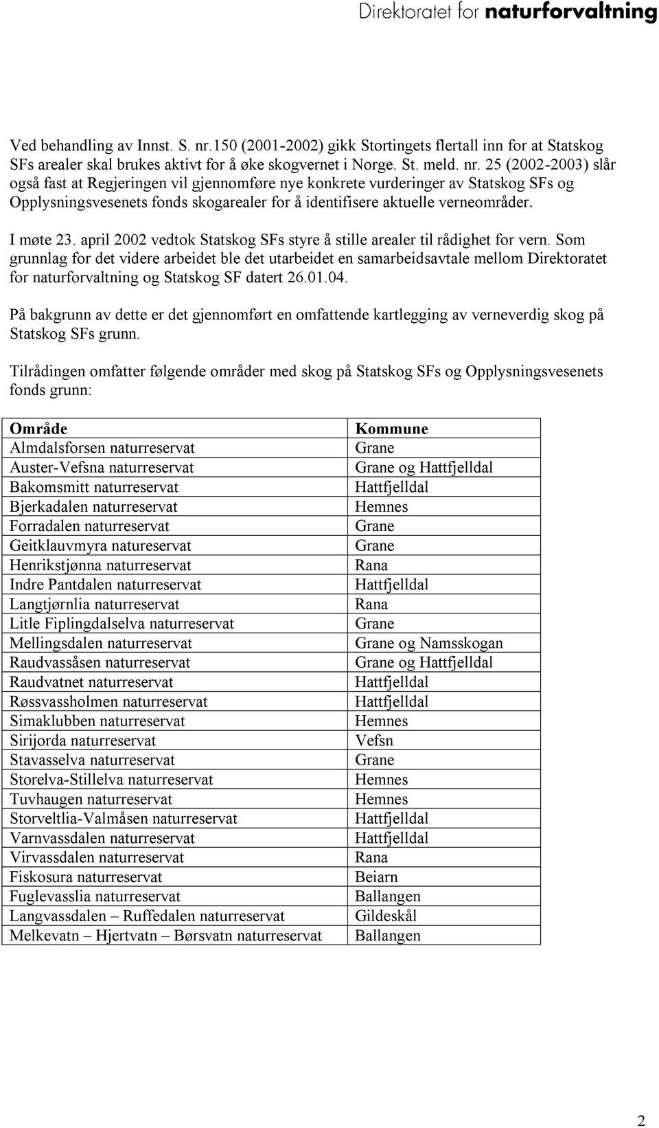 25 (2002-2003) slår også fast at Regjeringen vil gjennomføre nye konkrete vurderinger av Statskog SFs og Opplysningsvesenets fonds skogarealer for å identifisere aktuelle verneområder. I møte 23.