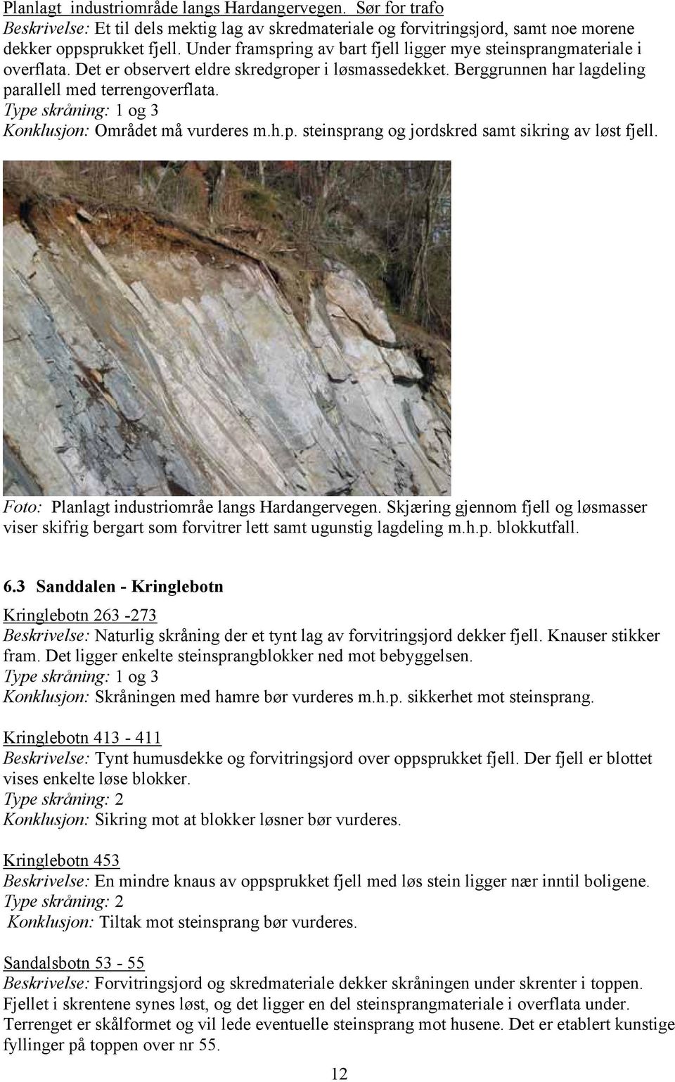 og 3 Konklusjon: Området må vurderes m.h.p. steinsprang og jordskred samt sikring av løst fjell. Foto: Planlagt industriområe langs Hardangervegen.