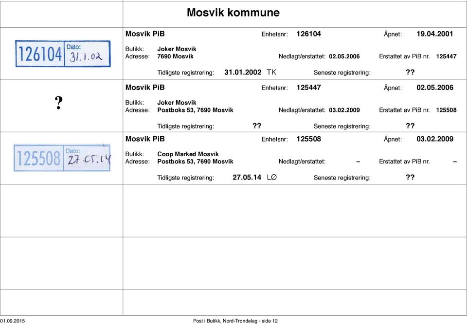 2006 Butikk: Joker Mosvik Adresse: Postboks 53, 7690 Mosvik Nedlagt/erstattet: 03.02.2009 Erstattet av PiB nr.