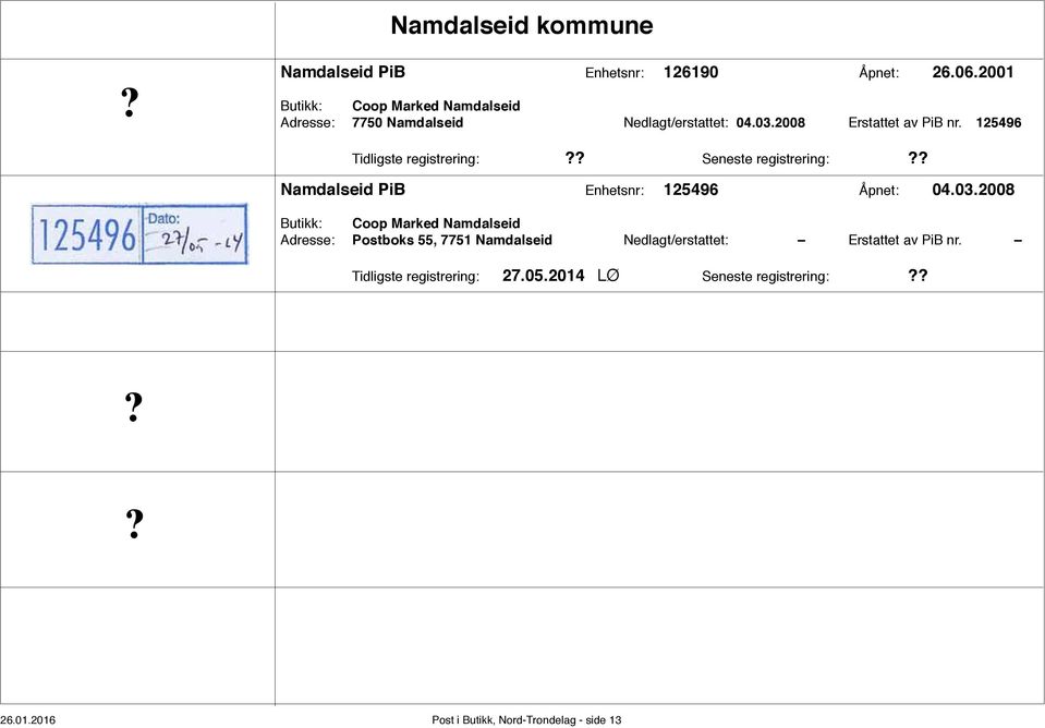 125496 Tidligste registrering: Seneste registrering: Namdalseid PiB Enhetsnr: 125496 Åpnet: 04.03.