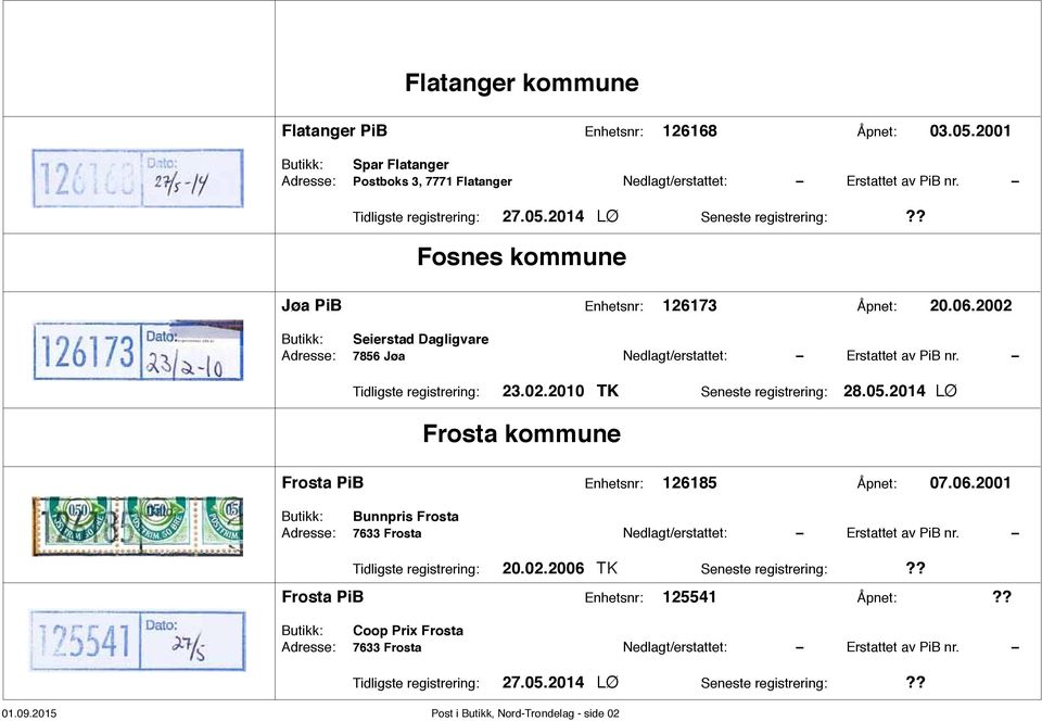 2014 LØ Frosta kommune Frosta PiB Enhetsnr: 126185 Åpnet: 07.06.2001 Butikk: Bunnpris Frosta Adresse: 7633 Frosta Nedlagt/erstattet: Erstattet av PiB nr. Tidligste registrering: 20.02.