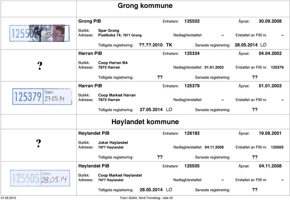 125379 Tidligste registrering: Seneste registrering: Harran PiB Enhetsnr: 125379 Åpnet: 01.01.2003 Butikk: Coop Marked Harran Adresse: 7873 Harran Nedlagt/erstattet: Erstattet av PiB nr.