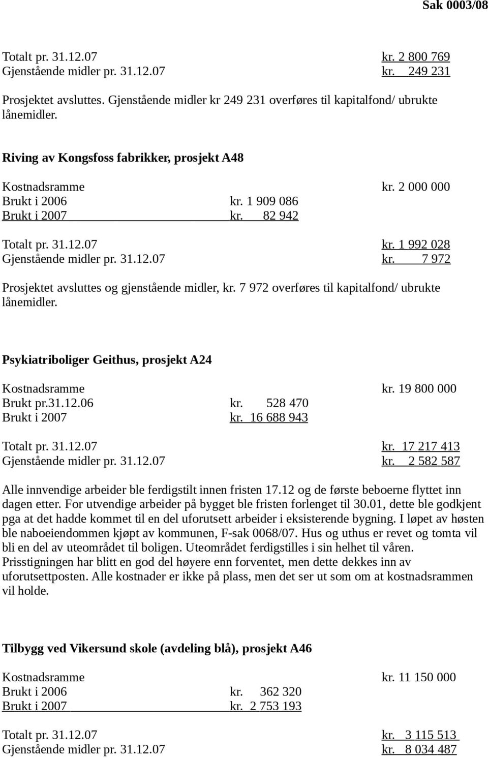 7 972 overføres til kapitalfond/ ubrukte lånemidler. Psykiatriboliger Geithus, prosjekt A24 Kostnadsramme kr. 19 800 000 Brukt pr.31.12.06 kr. 528 470 Brukt i 2007 kr.