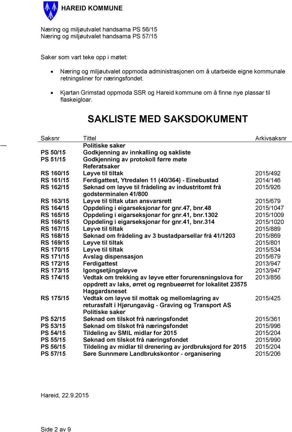 SAKLISTE MED SAKSDOKUMENT Saksnr Tittel Arkivsaksnr Politiske saker PS 50/15 Godkjenning av innkalling og sakliste PS 51/15 Godkjenning av protokoll førre møte Referatsaker RS 160/15 Løyve til tiltak