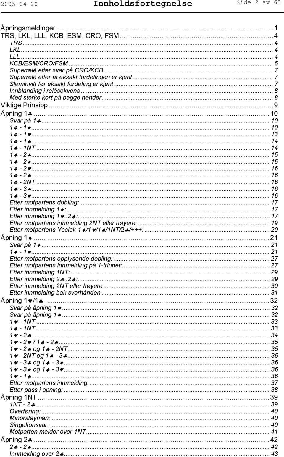 ..10 Svar på 1... 10 1-1... 10 1-1... 13 1-1... 14 1-1NT... 14 1-2... 15 1-2... 15 1-2... 16 1-2... 16 1-2NT... 16 1-3... 16 1-3... 16 Etter motpartens dobling:... 17 Etter innmelding 1 :.