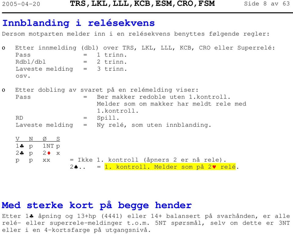 Melder som om makker har meldt rele med 1.kontroll. RD = Spill. Laveste melding = Ny relé, som uten innblanding. 1 p 1NT p 2 p 2 x p p xx = Ikke 1. kontroll (åpners 2 er nå rele). 2.. = 1. kontroll. Melder som på 2 relé.