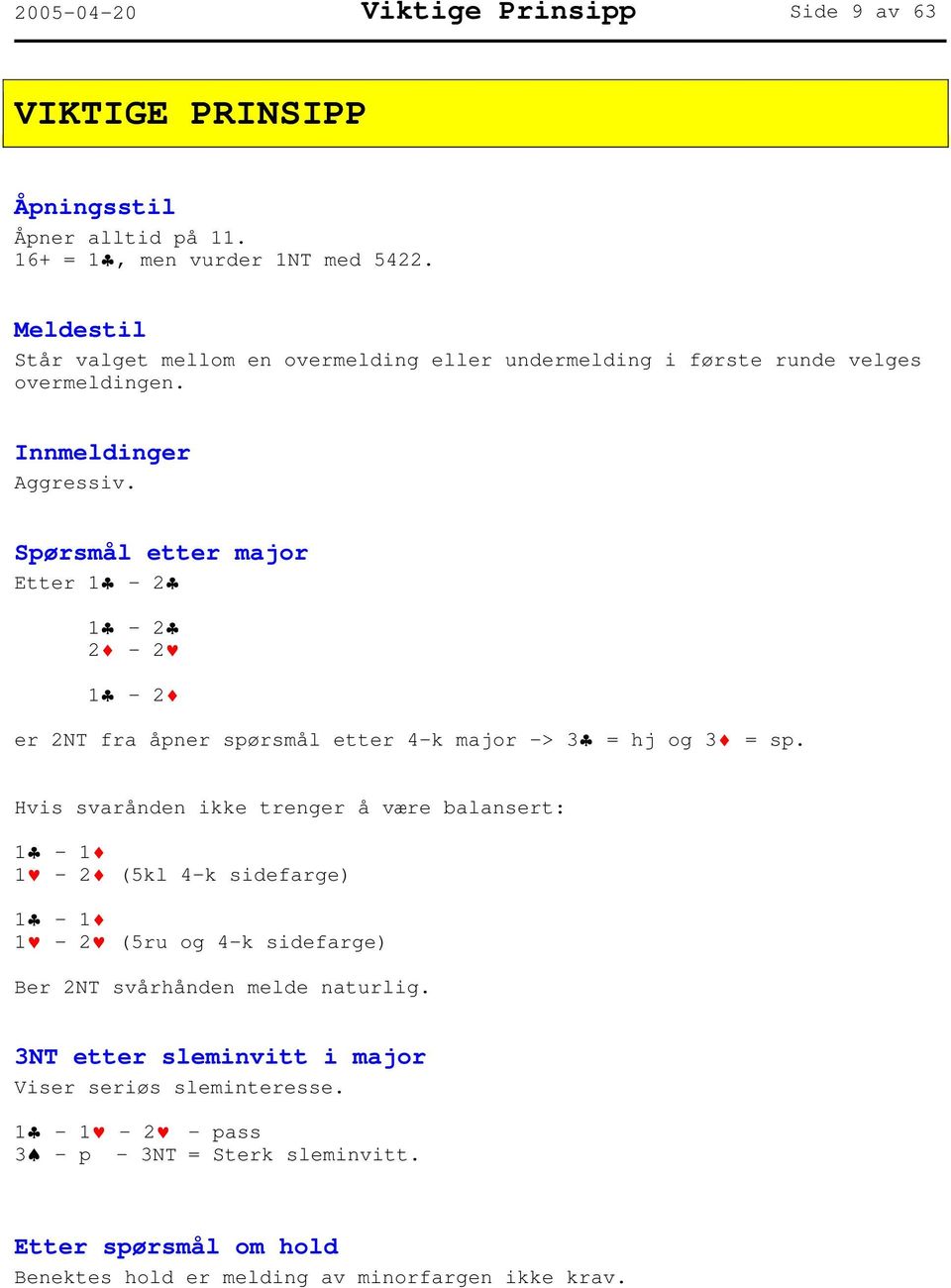 Spørsmål etter major Etter 1 2 1 2 2-2 1 2 er 2NT fra åpner spørsmål etter 4-k major -> 3 = hj og 3 = sp.