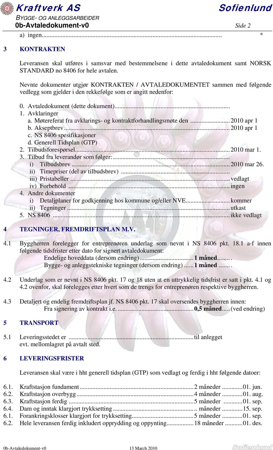 Møtereferat fra avklarings- og kontraktforhandlingsmøte den... 2010 apr 1 b. Akseptbrev... 2010 apr 1 c. NS 8406 spesifikasjoner d. Generell Tidsplan (GTP) 2. Tilbudsforespørsel... 2010 mar 1. 3.