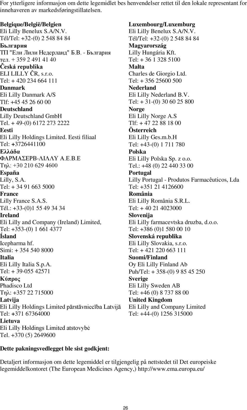 Tel: + 420 234 664 111 Danmark Eli Lilly Danmark A/S Tlf: +45 45 26 60 00 Deutschland Lilly Deutschland GmbH Tel. + 49-(0) 6172 273 2222 Eesti Eli Lilly Holdings Limited.