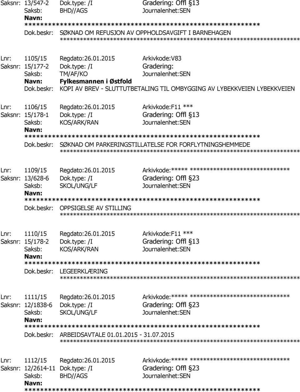 2015 Arkivkode:F11 *** Saksnr: 15/178-1 Dok.type: /I Gradering: Offl 13 Saksb: KOS/ARK/RAN Journalenhet:SEN Dok.