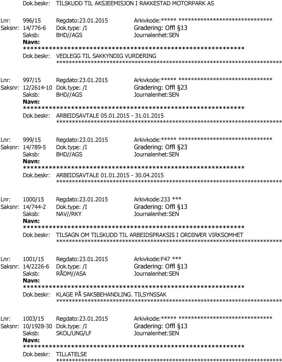 type: /I Gradering: Offl 23 Dok.beskr: ARBEIDSAVTALE 05.01.2015-31.01.2015 ************ Lnr: 999/15 Regdato:23.01.2015 Arkivkode:***** ****************************** Saksnr: 14/789-5 Dok.