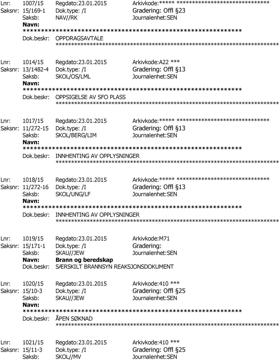 beskr: OPPSIGELSE AV SFO PLASS ************ Lnr: 1017/15 Regdato:23.01.2015 Arkivkode:***** ****************************** Saksnr: 11/272-15 Dok.