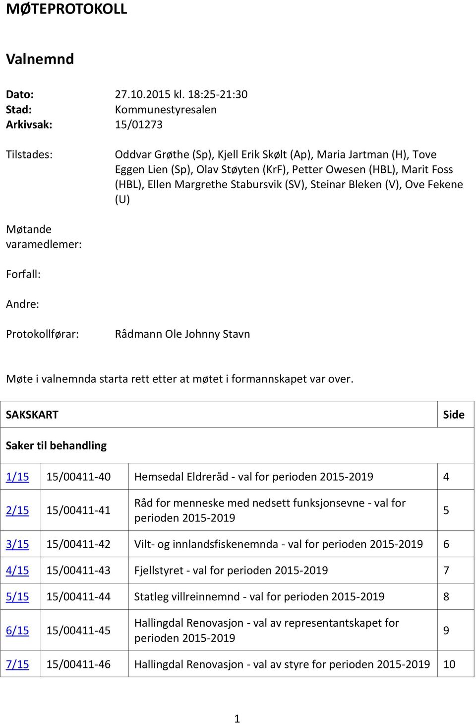 Foss (HBL), Ellen Margrethe Stabursvik (SV), Steinar Bleken (V), Ove Fekene (U) Møtande varamedlemer: Forfall: Andre: Protokollførar: Rådmann Ole Johnny Stavn Møte i valnemnda starta rett etter at