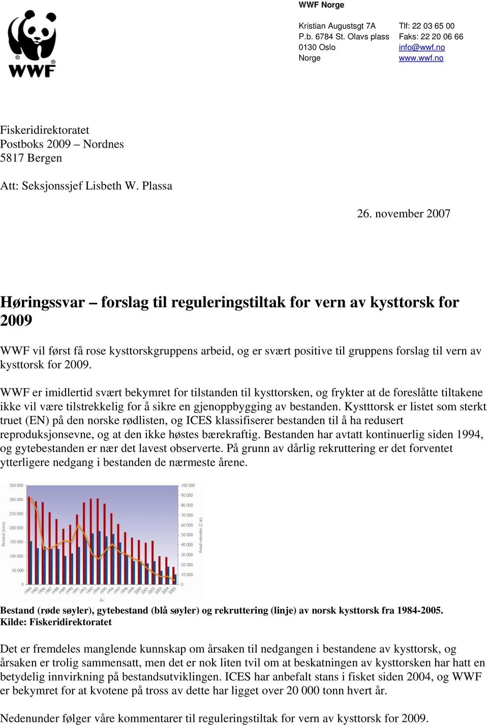 november 2007 Høringssvar forslag til reguleringstiltak for vern av kysttorsk for 2009 WWF vil først få rose kysttorskgruppens arbeid, og er svært positive til gruppens forslag til vern av kysttorsk