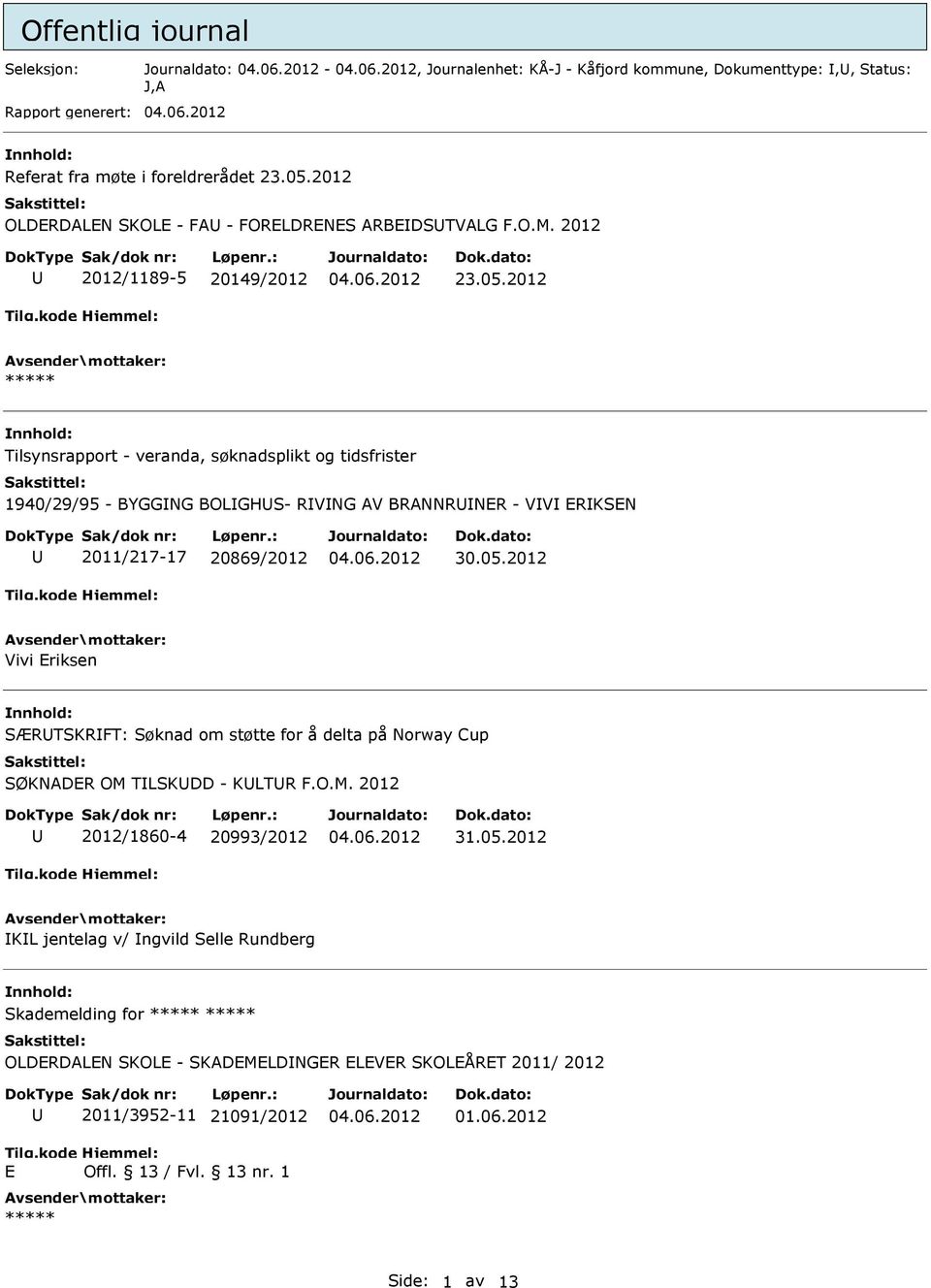 2012 Tilsynsrapport - veranda, søknadsplikt og tidsfrister 1940/29/95 - BYGGNG BOLGHS- RVNG AV BRANNRNER - VV ERKSEN 2011/217-17 20869/2012 30.05.