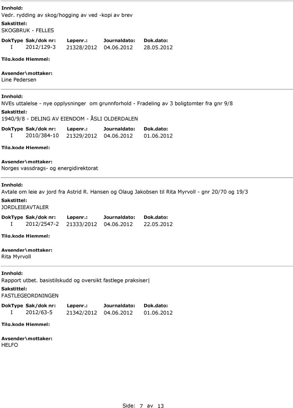 OLDERDALEN 2010/384-10 21329/2012 Norges vassdrags- og energidirektorat Avtale om leie av jord fra Astrid R.