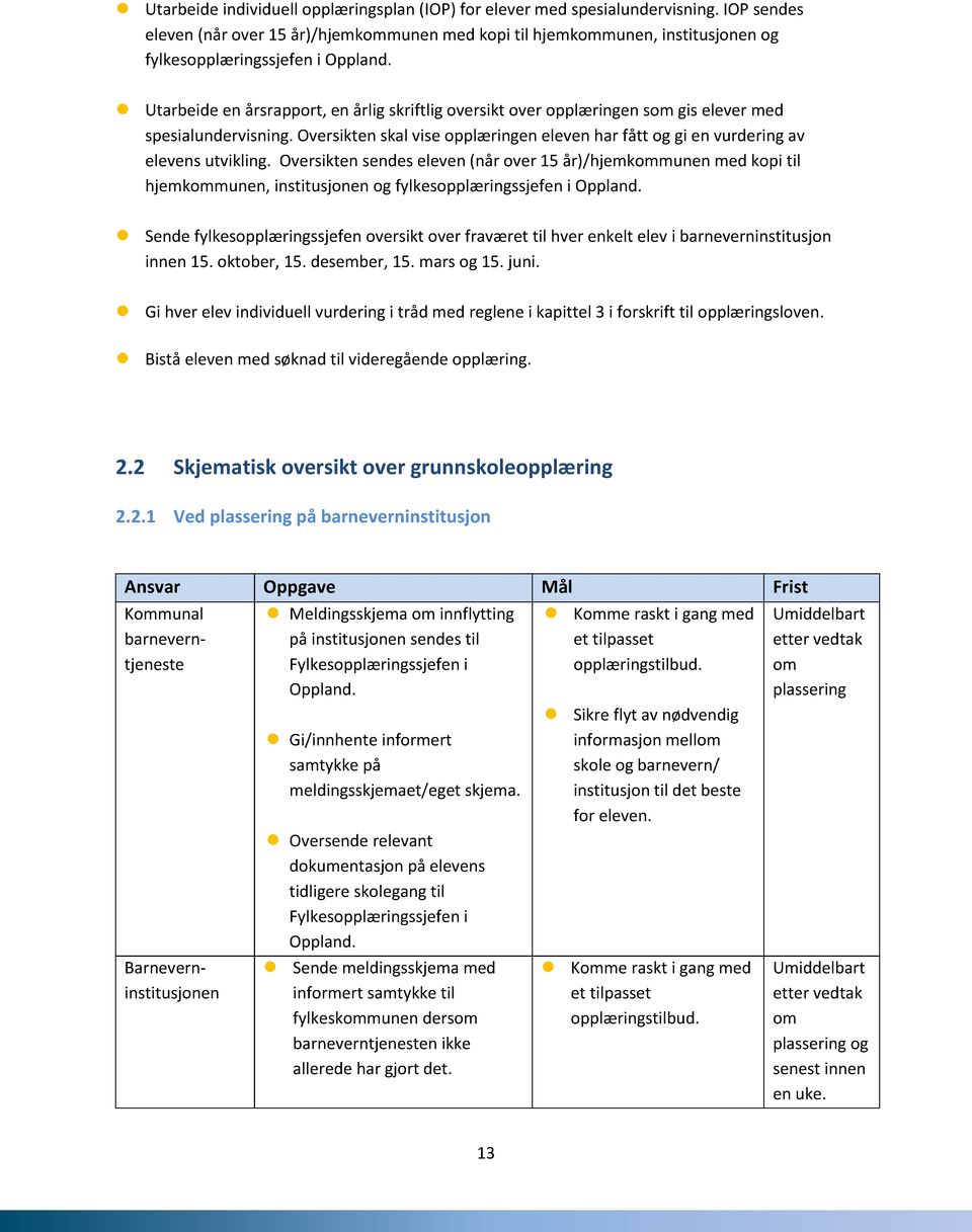 Utarbeide en årsrapport, en årlig skriftlig oversikt over opplæringen som gis elever med spesialundervisning. Oversikten skal vise opplæringen eleven har fått og gi en vurdering av elevens utvikling.