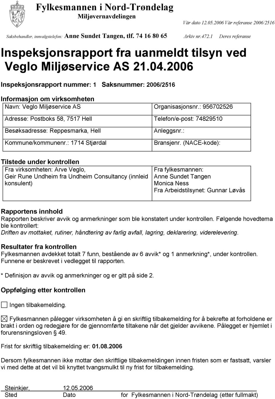 2006 Inspeksjonsrapport nummer: 1 Saksnummer: 2006/2516 Informasjon om virksomheten Navn: Veglo Miljøservice AS Organisasjonsnr.
