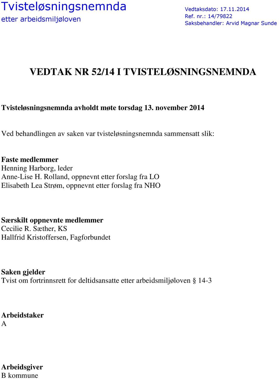 november 2014 Ved behandlingen av saken var tvisteløsningsnemnda sammensatt slik: Faste medlemmer Henning Harborg, leder Anne-Lise H.