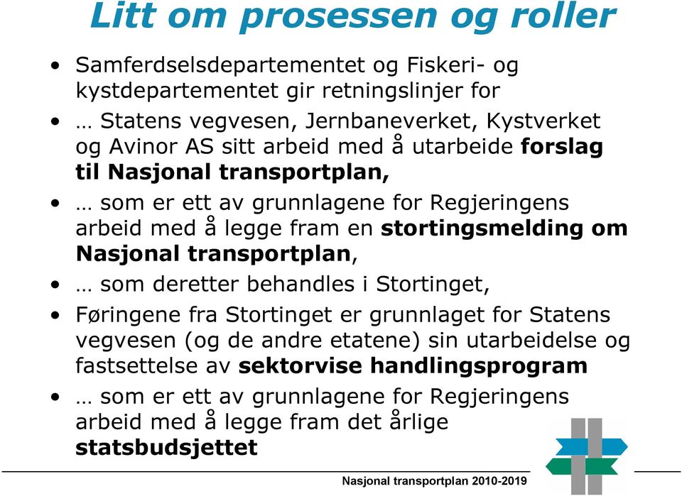 Nasjonal transportplan, som deretter behandles i Stortinget, Føringene fra Stortinget er grunnlaget for Statens vegvesen (og de andre etatene) sin utarbeidelse og