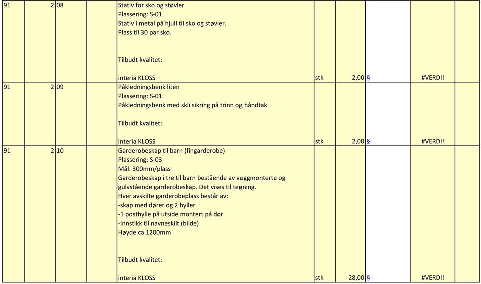 91 2 10 Garderobeskap til barn (fingarderobe) Plassering: S-03 Mål: 300mm/plass Garderobeskap i tre til barn bestående av veggmonterte og gulvstående garderobeskap.