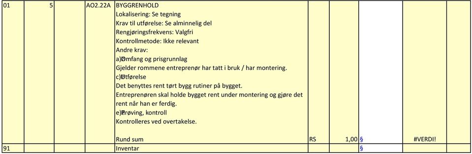 Kontrollmetode: Ikke relevant Andre krav: a) Omfang og prisgrunnlag Gjelder rommene entreprenør har tatt i bruk / har