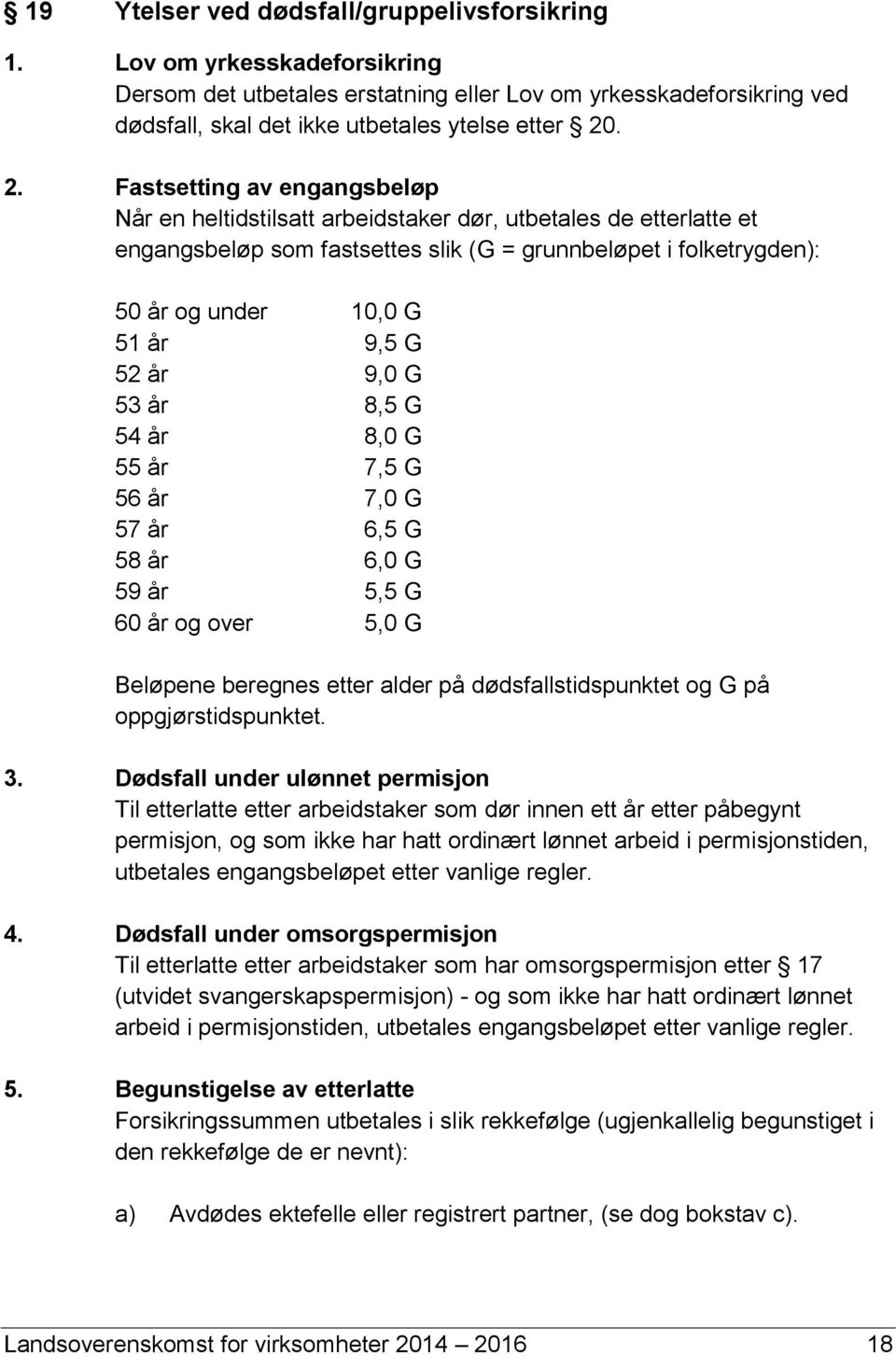 G 52 år 9,0 G 53 år 8,5 G 54 år 8,0 G 55 år 7,5 G 56 år 7,0 G 57 år 6,5 G 58 år 6,0 G 59 år 5,5 G 60 år og over 5,0 G Beløpene beregnes etter alder på dødsfallstidspunktet og G på oppgjørstidspunktet.