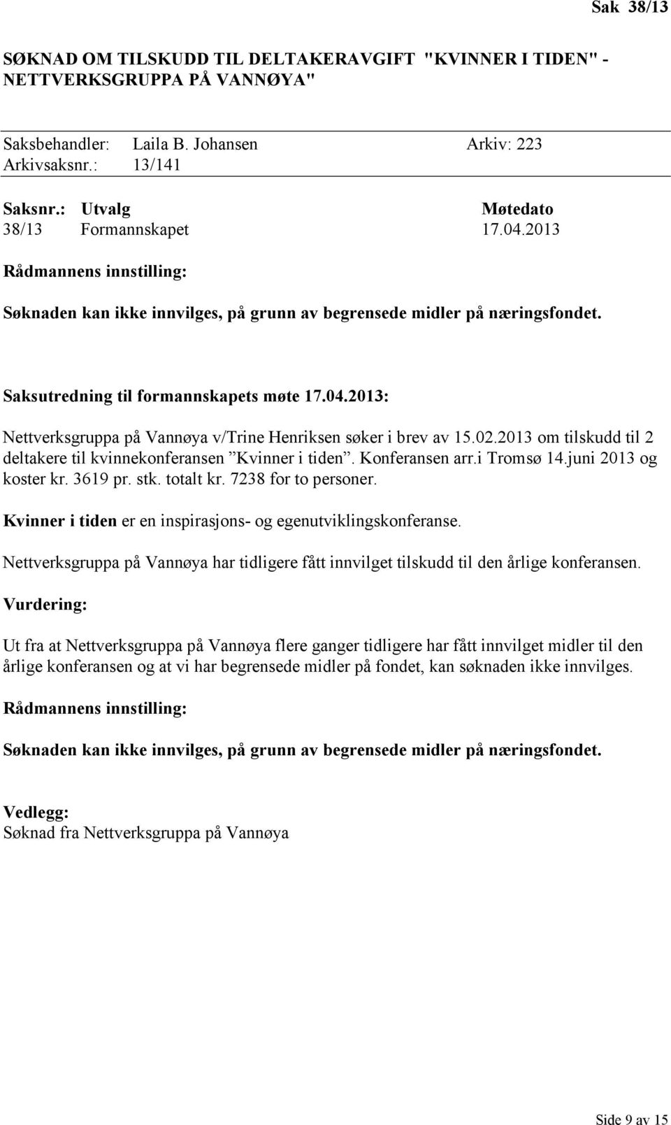 2013 om tilskudd til 2 deltakere til kvinnekonferansen Kvinner i tiden. Konferansen arr.i Tromsø 14.juni 2013 og koster kr. 3619 pr. stk. totalt kr. 7238 for to personer.