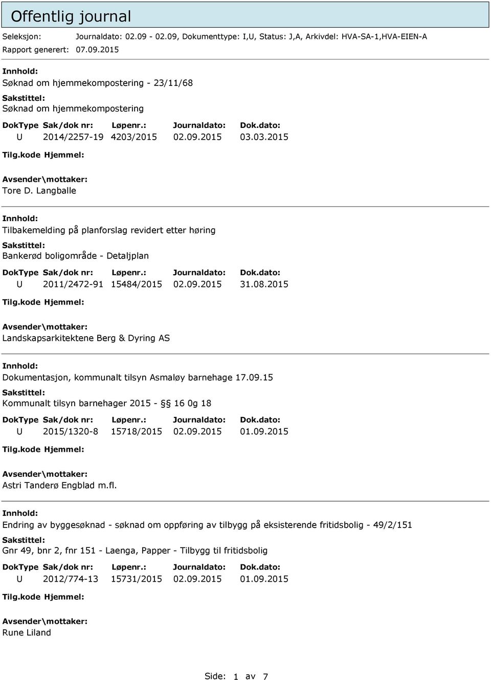 Langballe Tilbakemelding på planforslag revidert etter høring Bankerød boligområde - Detaljplan 2011/2472-91 15484/2015 Landskapsarkitektene Berg & Dyring AS Dokumentasjon, kommunalt tilsyn