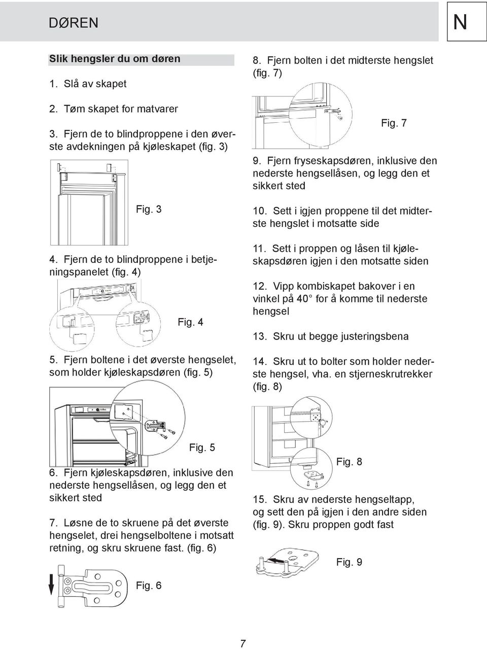 Fjern fryseskapsdøren, inklusive den nederste hengsellåsen, og legg den et sikkert sted 10. Sett i igjen proppene til det midterste hengslet i motsatte side 11.