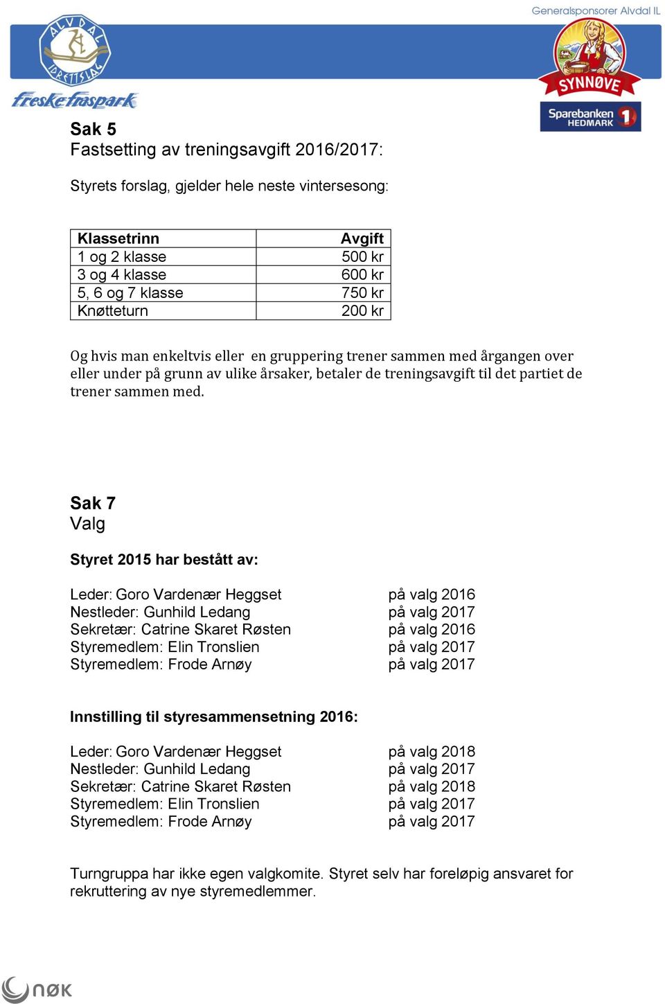 Sak 7 Valg Styret 2015 har bestått av: Leder: Goro Vardenær Heggset på valg 2016 Nestleder: Gunhild Ledang på valg 2017 Sekretær: Catrine Skaret Røsten på valg 2016 Styremedlem: Elin Tronslien på