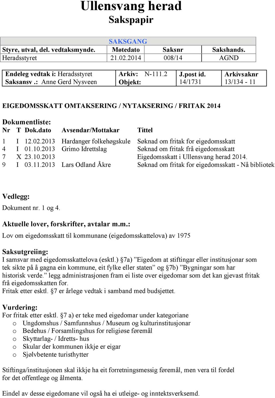 02.2013 Hardanger folkehøgskule Søknad om fritak for eigedomsskatt 4 I 01.10.2013 Grimo Idrettslag Søknad om fritak frå eigedomsskatt 7 X 23.10.2013 Eigedomsskatt i Ullensvang herad 2014. 9 I 03.11.
