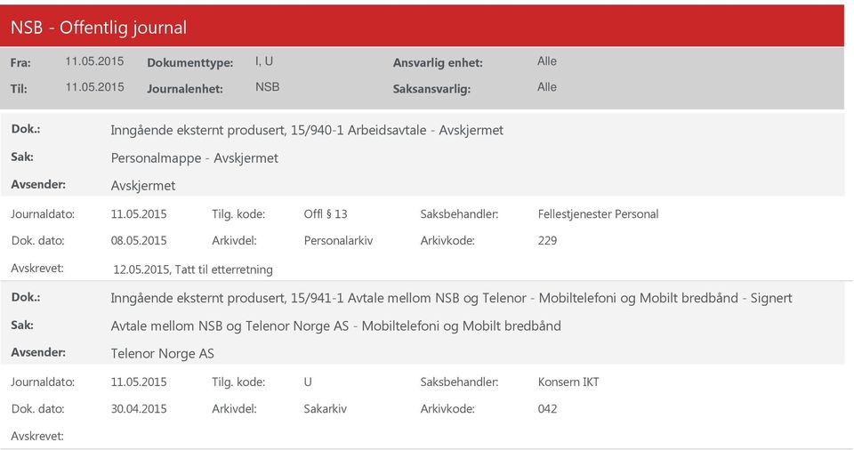 2015, Tatt til etterretning Inngående eksternt produsert, 15/941-1 Avtale mellom og Telenor -